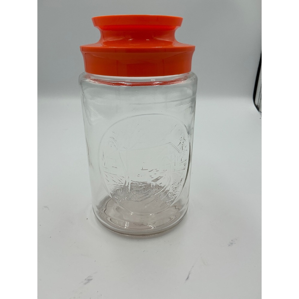 Vintage Anchor‎ Hocking Glass Jar Orange Lid Embossed Log Cabin Scene Canister